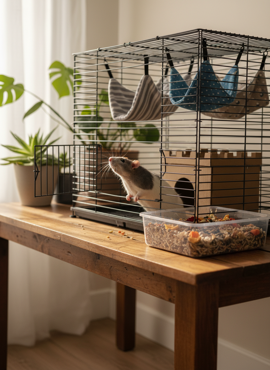 A single curious rescue rat with a patchy white-and-gray coat peers out from the open door of a spacious wire cage, nose lifted to sniff the air. Inside the cage are handmade fabric hammocks, a cardboard hide, and a foraging box filled with shredded paper and scattered treats. The cage sits on a wooden table against a pale wall, with a few potted plants in the softly blurred background. Morning sunlight filters through sheer curtains, casting diffused, gentle light and delicate shadows on the scene. Photographic realism, eye-level composition, inviting mood that highlights natural rat behavior and thoughtful cage setup.