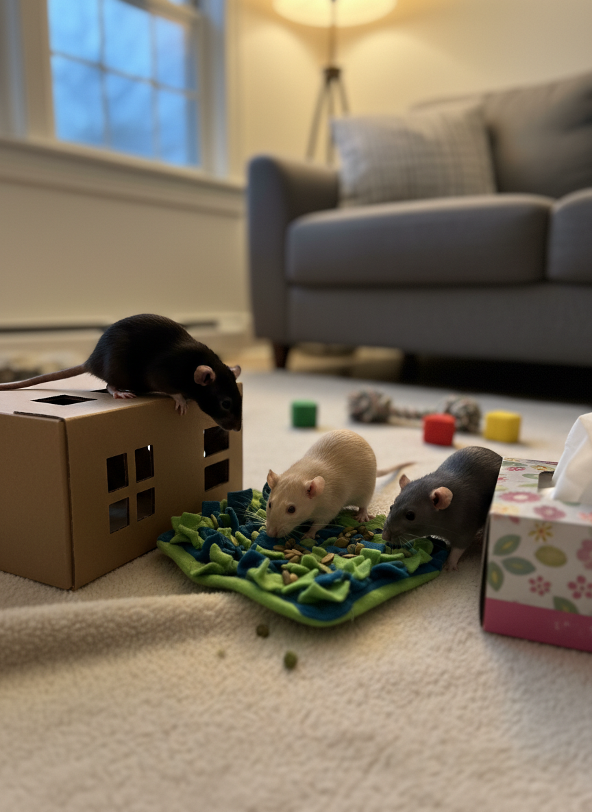 A small group of three rescue rats with varied markings—one black hooded, one champagne, one blue—explore a safe, rat-proofed play area on a living room floor. They climb over a low cardboard maze, investigate a snuffle mat sprinkled with tiny treats, and peek into a tissue box hide. The floor is covered with a neutral fleece blanket to protect paws. Warm, indirect lamplight mixes with soft evening daylight from a window, creating gentle highlights on their fur. The background is softly blurred but shows an authentic home setting with a tidy couch and a few scattered rat toys. Photographic realism, slightly elevated angle, energetic yet cozy atmosphere.