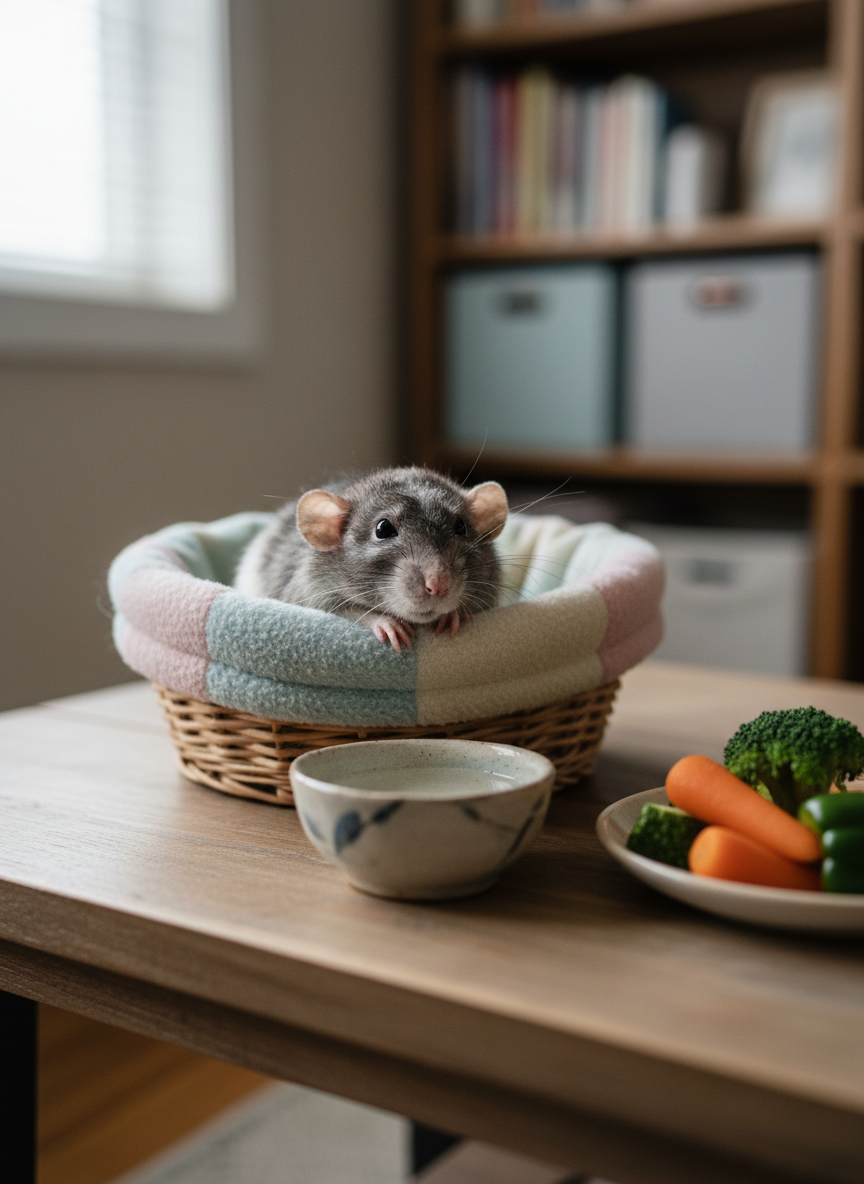 A senior rescue rat with slightly thinning, silvered fur and intelligent dark eyes rests comfortably in a shallow woven basket lined with a soft, pastel fleece pad. The rat’s relaxed body language and half-closed eyes show trust and contentment. The basket is placed on a simple wooden coffee table beside a ceramic water bowl and a small pile of fresh vegetables ready for feeding. Diffused overcast daylight from a nearby window bathes the scene in soft, flattering light with minimal harsh shadows. The background is an authentic, slightly cluttered home corner with a blurred bookshelf and storage bins. Photographic realism, close-up composition with shallow depth of field, gentle and tender mood celebrating senior rat care.